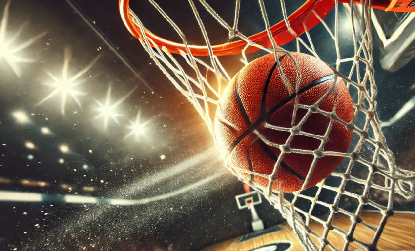 Close-up of a basketball swishing through a net, showcasing the ball's textured surface and the net's intricate details in motion. The background is blurred, emphasizing the ball and net in a dynamic, vibrant scene.