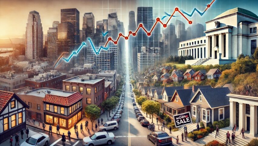 A wide-format image depicting economic contrasts. The foreground shows a dual-line graph with stable unemployment claims and rising mortgage rates. On the left, a bustling urban office environment with skyscrapers and busy professionals represents job market resilience. On the right, a quiet suburban neighborhood features houses with "For Sale" signs, highlighting housing market challenges. In the background, a Federal Reserve building symbolizes monetary policy decisions.