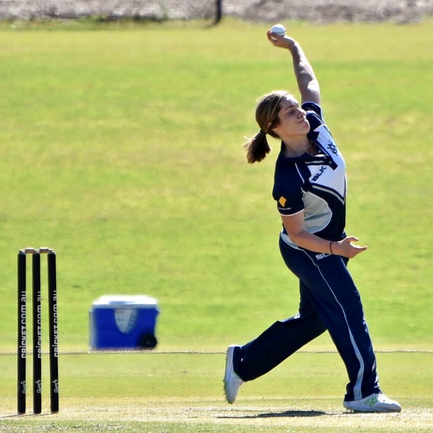 Sophie Molineux bowling for the Victoria Women cricket team during a WNCL clash against the South Australian Scorpions at Murdoch University Sports Oval in Perth