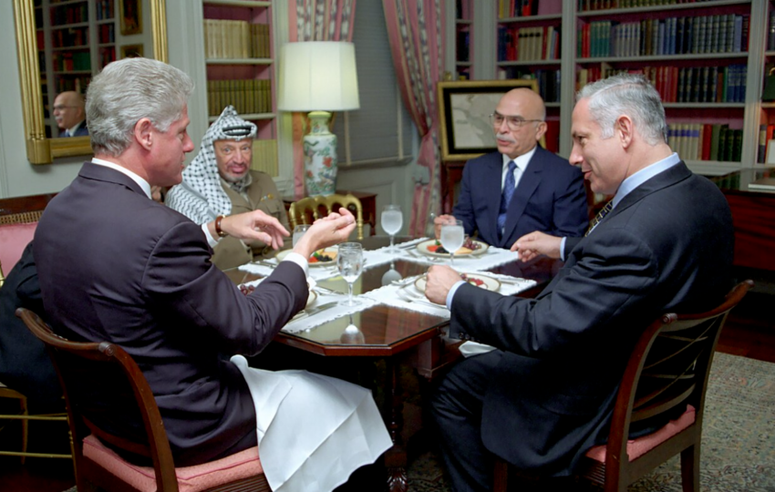 Netanyahu with President Bill Clinton, King Hussein of Jordan and Palestinian leader Yasser Arafat in October 1996
