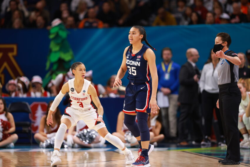 Basketball players Anna Wilson and Azzi Fudd during the 2022 NCAA Final Four
