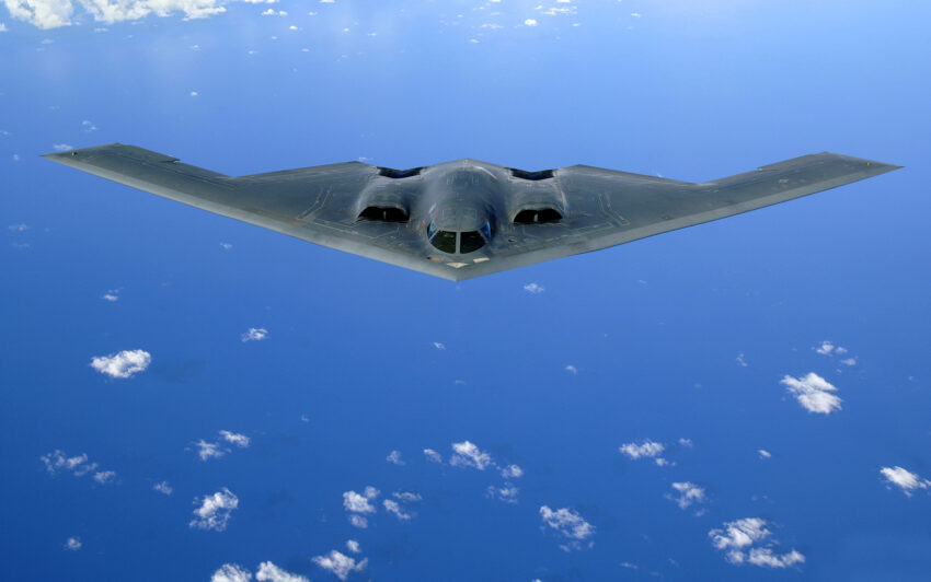 A Northrop Grumman B-2 Spirit soars after a refueling mission over the Pacific Ocean on Tuesday, May 30, 2006. The B-2, from the 509th Bomb Wing at Whiteman Air Force Base, Mo., is part of a continuous bomber presence in the Asia-Pacific region.