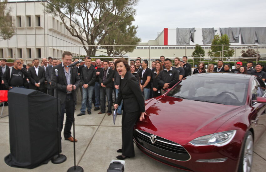 Senator Dianne Feinstein fetches a good laugh at the Tesla opening at the former NUMMI plant