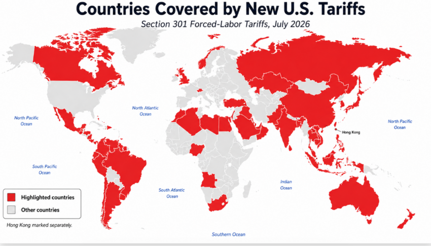 Wide world map showing the 60 countries and economies covered by new U.S. Section 301 tariffs in July 2026 highlighted in red, with other countries in light gray and Hong Kong marked separately.