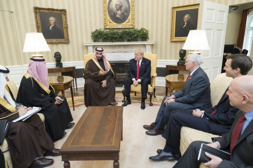 President Donald Trump meets with Mohammed bin Salman bin Abdulaziz Al Saud, Deputy Crown Prince of Saudi Arabia, and members of his delegation, Tuesday, March 14, 2017, in the Oval Office of the White House in Washington, D.C. (Official White House Photo by Shealah Craighead)