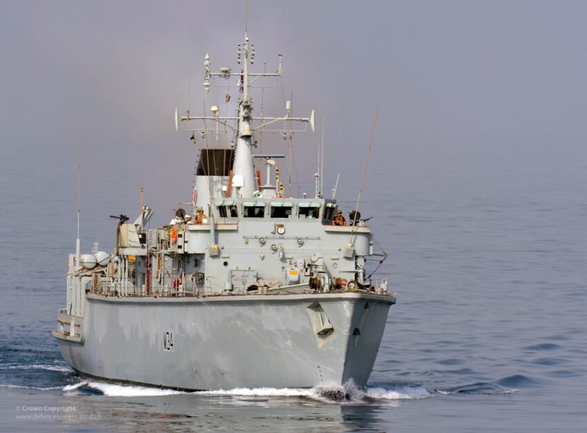 HMS Middleton is pictured transiting the Strait of Hormuz in the Middle East. HMS Middleton and HMS Pembroke were escorted on their transit through the Strait by the Type 45 Destroyer HMS Diamond. HMS Middleton, Mine Countermeasures Vessel (MCMV), detects, investigates, and destroys sea-bed threats with the use of high powered sonar, remote underwater vehicles and divers. HMS Middleton is one of eight Hunt Class Mine Countermeasures Vessels that forms part of the Royal Navy’s Second Mine Countermeasures Squadron (MCM2) based in Portsmouth. The ship is currently deployed in the Gulf as part of Operation Telic MCM. This image is available for high resolution download at www.defenceimages.mod.uk subject to the terms and conditions of the Open Government License at www.nationalarchives.gov.uk/doc/open-government-licence/. Search for image number 45154689.jpg Photographer: LA(Phot) Gary Weatherston Image 45154689.jpg from www.defenceimages.mod.uk For latest news visit www.mod.uk Follow us: www.facebook.com/defenceimages www.twitter.com/defenceimages