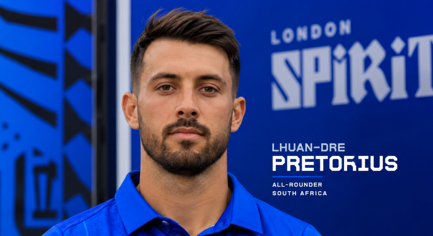 South African cricketer Lhuan-dré Pretorius pictured in a blue London Spirit uniform.