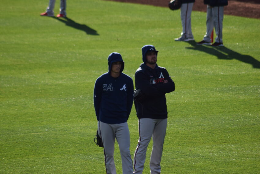 Max Fried and Bryse Wilson of the Atlanta Braves before a game at Citizens Bank Park in Philadelphia in 2019