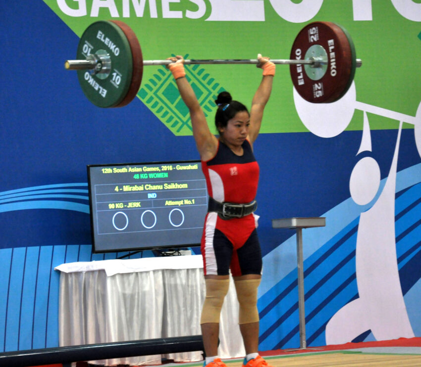 Mirabai Chanu Saikhom (India) in action and won the gold medal in the women's weightlifting, at 12th South Asian Games-2016, in Dispur, Guwahati on February 06, 2016.