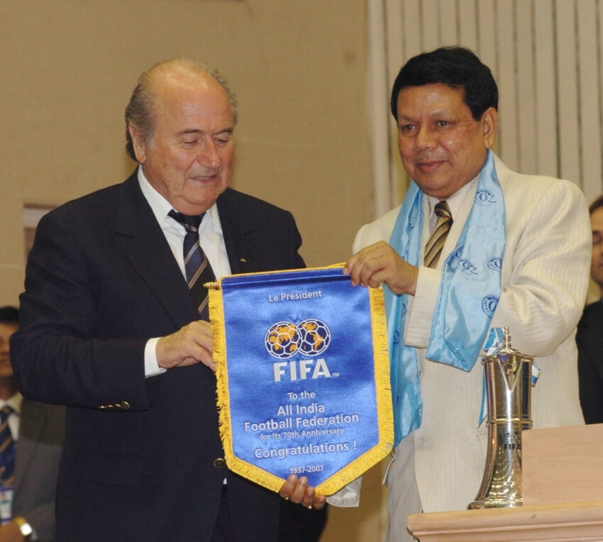 The FIFA, President, Mr. Joseph Sepp Blatter presenting FIFA plaque to the President, AIFF and Union Minister for Information & Broadcasting and Parliamentary Affairs, Shri Priyaranjan Dasmunsi at a special congress on the occasion of the 70th Anniversary of All India Football Federation (AIFF), in New Delhi on April 17, 2007.