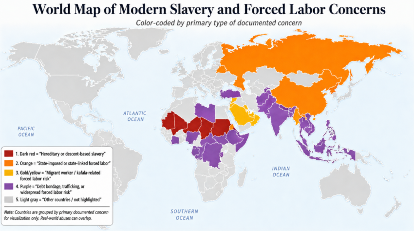 Color-coded world map showing countries with documented concerns involving hereditary slavery, state-imposed forced labor, migrant-worker exploitation, debt bondage, trafficking, and other widespread forced-labor risks.
