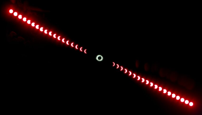 The progression of en:Solar eclipse of August 1, 2008 in Novosibirsk, Russia. Time span between shots is 3 minutes.