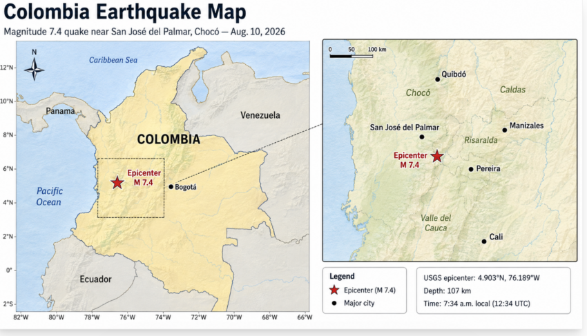 Map of western Colombia showing the magnitude 7.4 earthquake epicenter near San José del Palmar in Chocó on Aug. 10, 2026, with nearby cities including Quibdó, Pereira, Manizales, Cali and Bogotá.