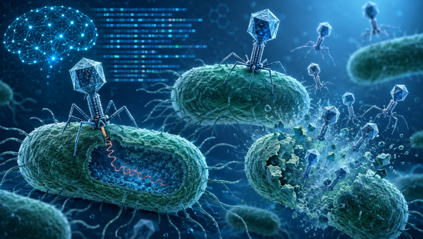 Scientific illustration showing bacteriophages attaching to E. coli bacteria, injecting genetic material and breaking apart bacterial cells, with artificial intelligence graphics in the background.