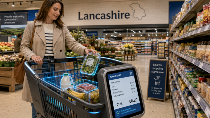 Wide-format image showing a shopper using an AI-powered smart trolley in a Lancashire supermarket, with the trolley automatically scanning groceries and displaying the running total on a built-in screen.