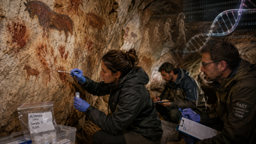 Modern researchers wearing gloves swab painted cave walls covered with prehistoric hand stencils and animal art, while a faint DNA strand overlay highlights the search for ancient human genetic material.