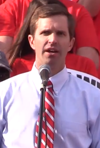 Cropped image of Andy Beshear from a video of him speaking before a crowd of educators during a teacher's rally at the Kentucky state capitol.