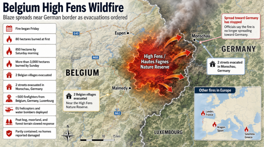 Map showing the High Fens wildfire in eastern Belgium near the German border, including Monschau, evacuation areas, the burn zone, and firefighting response.