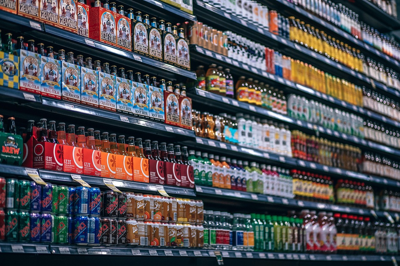 beverages, bottles, shelf, cans, coke