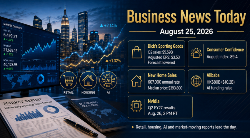 Business news graphic for August 25, 2026 showing Dick’s Sporting Goods earnings, U.S. consumer confidence, new home sales, Alibaba AI funding and Nvidia’s upcoming quarterly results.