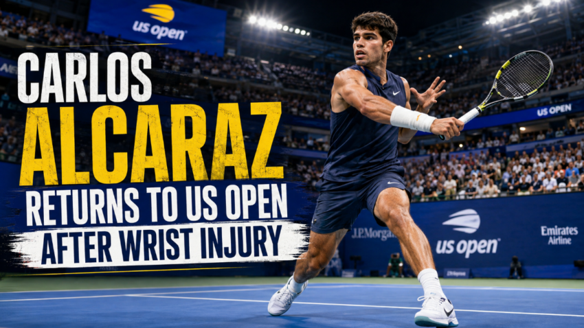Wide sports graphic showing Carlos Alcaraz on a US Open court preparing to hit a shot, with headline text announcing his return to the tournament after a wrist injury.