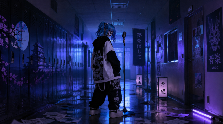 A fictional young performer with an icy blue wig and skull-inspired face paint stands beside a microphone in a dark school hallway lit with blue and purple neon tones.