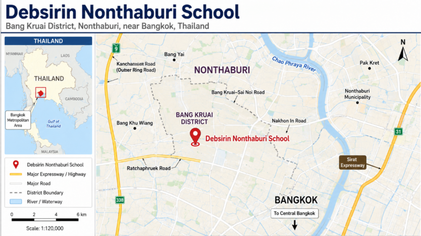 Geographic map showing Debsirin Nonthaburi School in Bang Kruai District, Nonthaburi, near Bangkok, with major roads, highways and the Chao Phraya River.