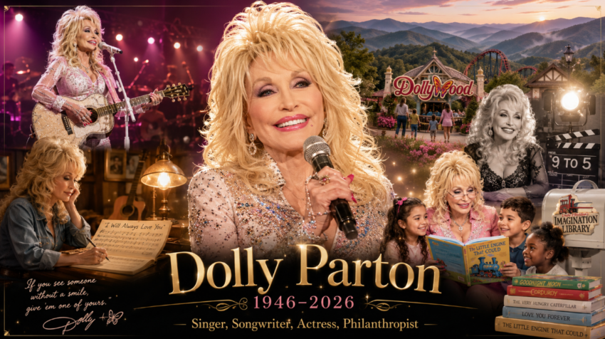 Tribute image honoring Dolly Parton, featuring her music career, songwriting, acting in 9 to 5, Dollywood in the Smoky Mountains and her Imagination Library literacy program.