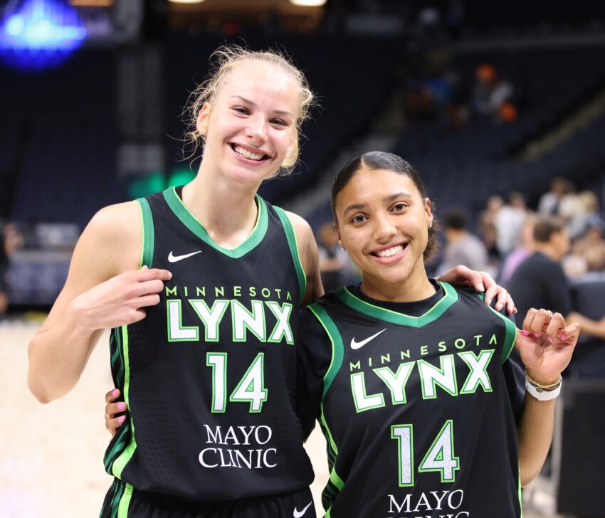 MN Lynx vs LA Sparks, Dorka Juhász (F#14) & former Huskies teammate Azzi Fudd on July 20th, 2023 at Target Center in Minneapolis, Minnesota (photo credit John McClellan)