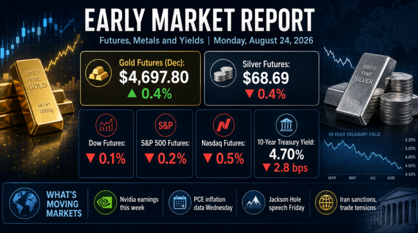 Wide financial market graphic showing gold futures at $4,697.80, silver futures at $68.69, lower Dow, S&P 500 and Nasdaq futures, and the 10-year Treasury yield near 4.70% on August 24, 2026.