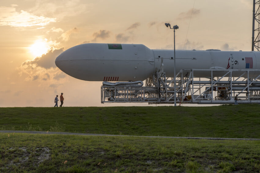 A SpaceX Falcon 9 v1.1 rocket is rolled out to Cape Canaveral Space Launch Complex 40 on April 26, 2015, in advance of the April 27 launch attempt for the TurkmenÄlem52E/MonacoSAT telecommunications satellite.