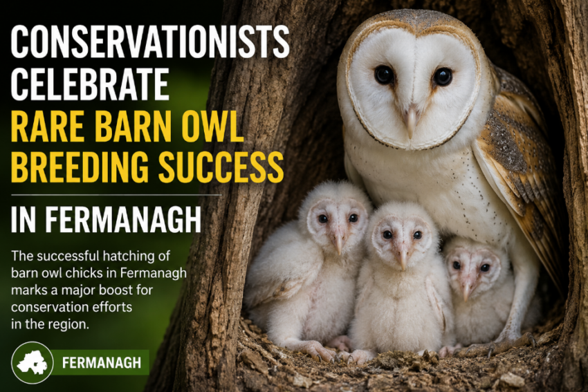 Wide-format wildlife image showing an adult barn owl with several fluffy barn owl chicks in a tree hollow, highlighting a rare breeding success in Fermanagh.