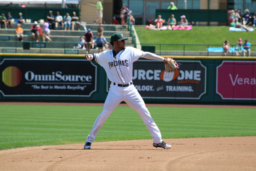 Fernando Tatis Jr prepares to throw a ball on the infield in 2017