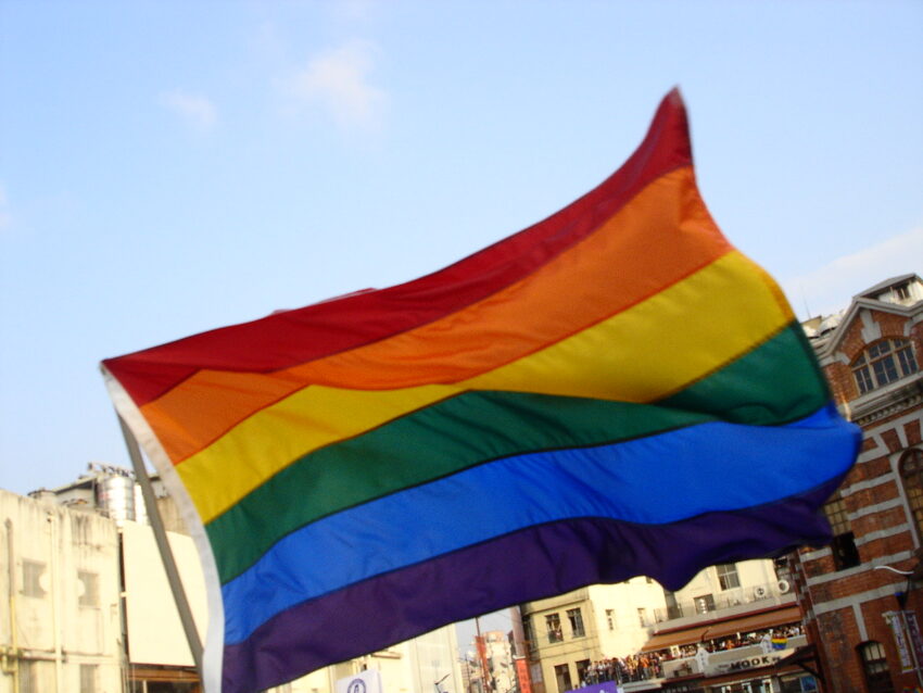 Flying rainbow flag at the 2nd Taiwan Pride in Taipei.