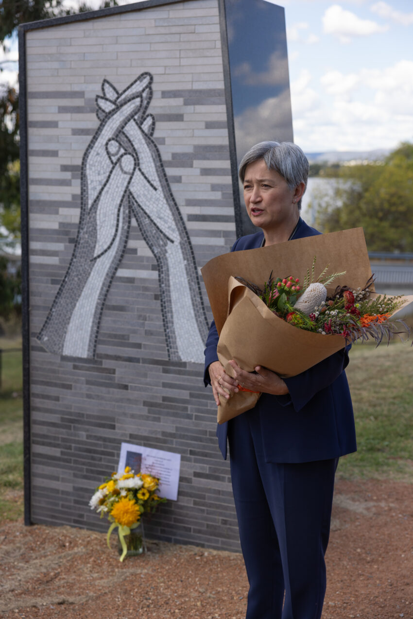 Penny Wong, Minister for Foreign Affairs, laid a wreath in memorial of Lalzawmi 'Zomi' Frankcom, the International Aid Worker from the World Central Kitchen charity, killed while working in Gaza with six of her colleagues, at Canberra's International Humanitarian Memorial. Minister Wong was joined by Marc Purcell, CEO of the Australian Council for International Development (ACFID), and staff from ACFID and the Department of Foreign Affairs and Trade (DFAT).