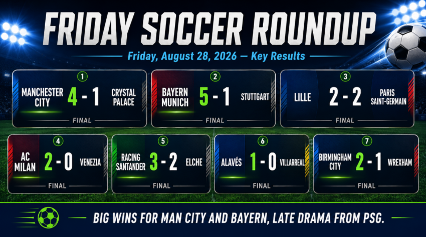Friday soccer roundup scoreboard for August 28, 2026, showing Manchester City 4-1 Crystal Palace, Bayern Munich 5-1 Stuttgart, Lille 2-2 PSG, AC Milan 2-0