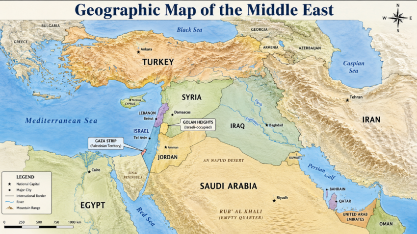 Geographic map of the Middle East showing Turkey, Syria, Lebanon, Israel, Gaza Strip, Golan Heights, Jordan, Iraq, Iran, Egypt and Saudi Arabia, along with major cities, seas, rivers, mountain terrain and national borders.