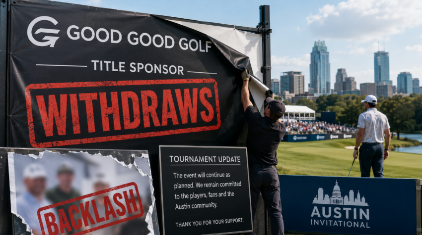 News-style image showing Good Good Golf title sponsor signage being removed at a golf event in Austin after backlash over a controversial ad.