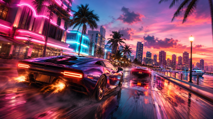 Neon-lit high-speed sports cars race along a Miami waterfront boulevard at sunset, with palm trees, glowing buildings, and reflections on the wet street.