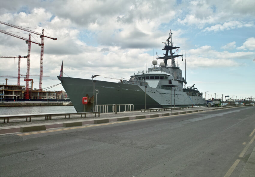 This is the first time that I have seen a British Navy ship at this location along the Liffey (Dublin, Ireland). HMS Tyne (Pennant number P281) is the sixth Royal Navy ship to carry the name Tyne. She is a River class offshore patrol vessel vessel built by Vosper Thornycroft in Southampton to serve as a fishery protection unit within the United Kingdom's waters along with her two sister ships Mersey and Severn. All three were commissioned into service in 2003 to replace the five older Island class patrol vessels. The ships have large working decks to allow the vessels to cope in several roles, such as disaster relief, fire fighting, rescue work, and interception of other vessels. For this purpose a crane capable of lifting 25 tonnes for the use of standard containers is fitted. The deck is also large enough to permit the transport of other craft such as Oil Spill Recovery Tractors and landing craft.