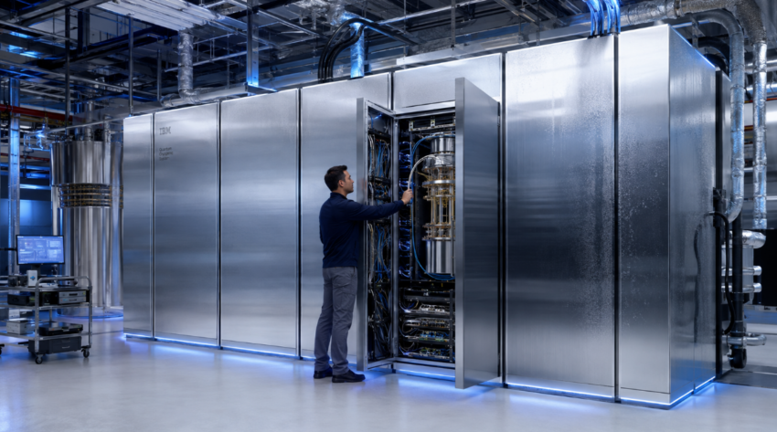 Technician working on IBM’s modular cryogenic cooling system inside a high-tech quantum computing laboratory.