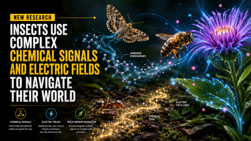 Wide-format science illustration showing insects using chemical trails, airborne pheromones and electric fields around flowers and plants to navigate their environment.