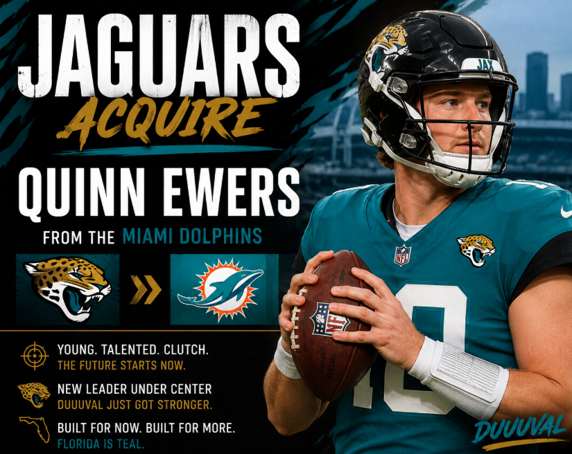 Jacksonville Jaguars quarterback Quinn Ewers holding a football in a teal Jaguars uniform, with Jaguars and Miami Dolphins branding highlighting his move from Miami to Jacksonville.