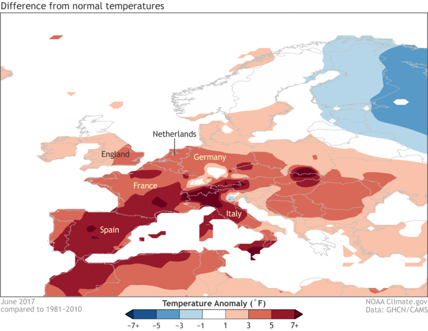 Average temperature anomalies during June 2017 across Europe.