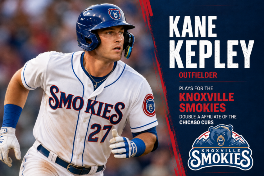 Baseball graphic featuring outfielder Kane Kepley, who currently plays for the Double-A Knoxville Smokies in the Chicago Cubs organization.