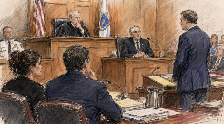 Courtroom sketch showing a judge on the bench, attorneys at counsel tables, a witness on the stand and observers in the gallery during proceedings in the Lindsay Clancy murder trial.