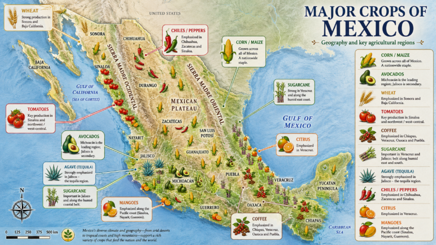Illustrated geographic map of Mexico showing major crop regions, including corn, avocados, wheat, tomatoes, coffee, sugarcane, agave, chiles, citrus and mangoes, with labeled states and regional callout graphics.