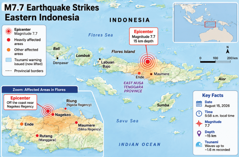 Infographic map showing the location and impact area of the 7.7 magnitude earthquake in eastern Indonesia near Flores Island, including the epicenter near Mbay in Nagekeo Regency, affected areas, tsunami information, and key facts.