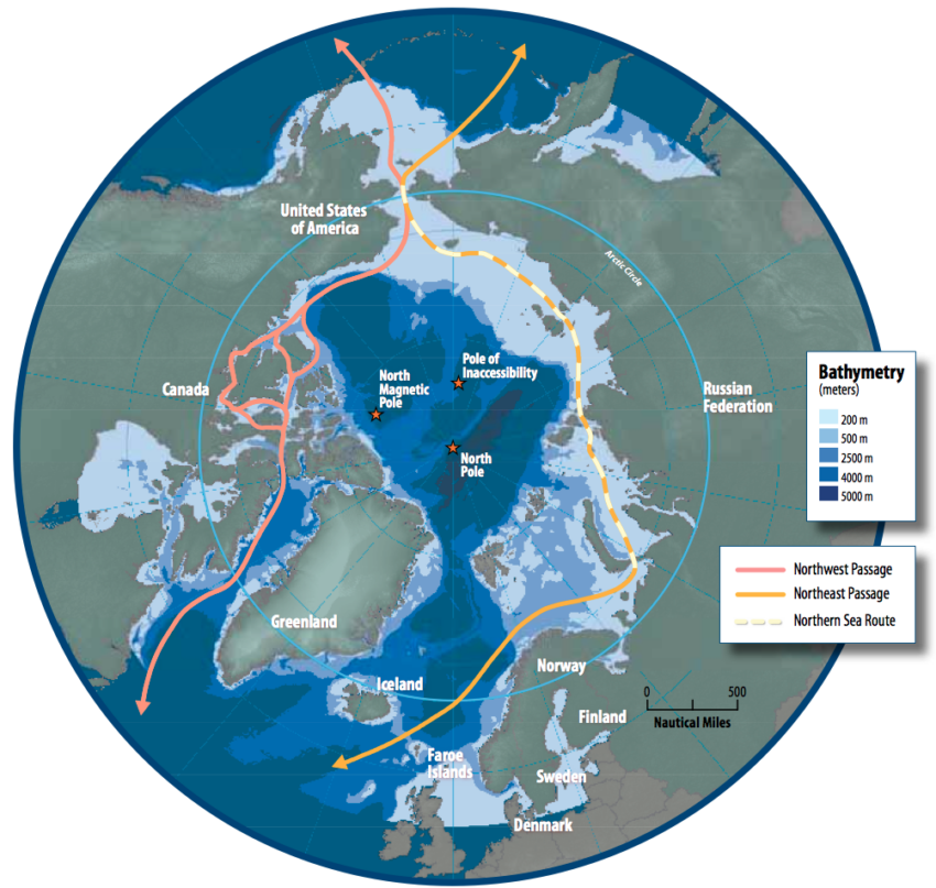 Map of the Arctic region showing shipping routes Northeast Passage, Northern Sea Route, and Northwest Passage, and bathymetry