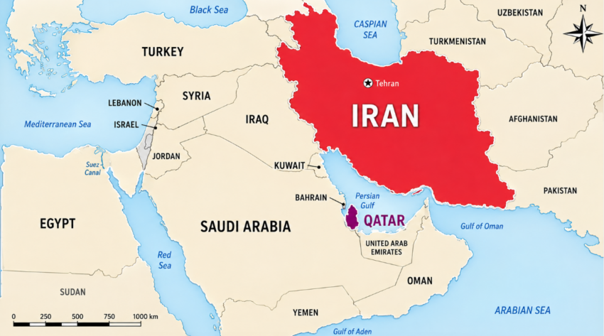 Political map of the Middle East highlighting Iran in red and Qatar in purple, with surrounding countries, major waterways, and Tehran marked for geographic reference.